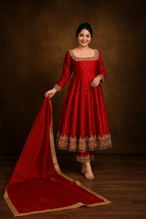 Party Wear Pure Vichitra Silk Anarkali Gown & Palazzo with Dupatta
